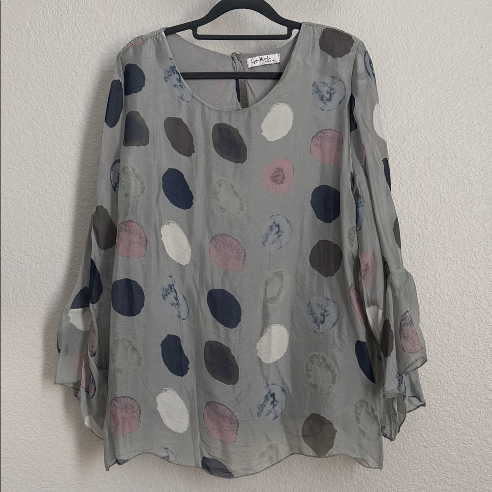 Gigi Moda Diana Gray Silk Kafkan Style Blouse OS - Picture 2 of 5
